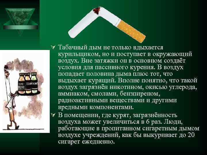 Ú Табачный дым не только вдыхается курильщиком, но и поступает в окружающий воздух. Вне
