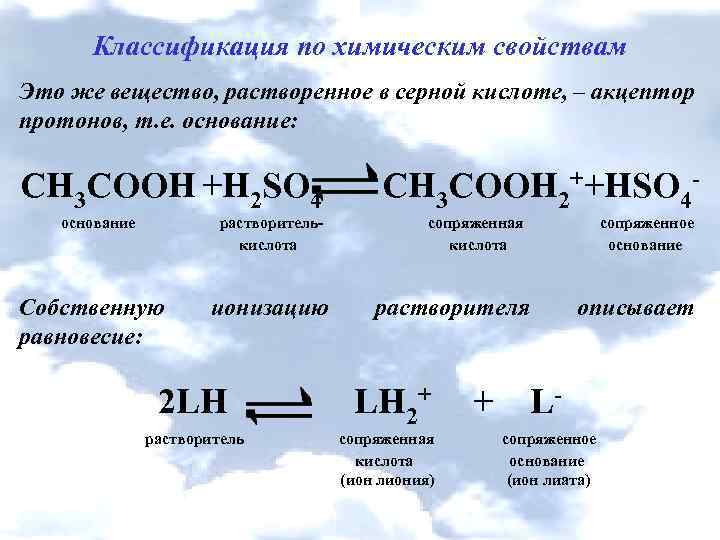 Классификация по химическим свойствам Это же вещество, растворенное в серной кислоте, – акцептор протонов,