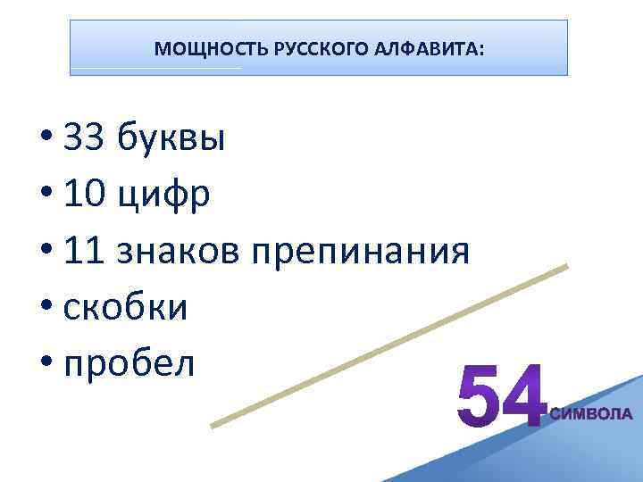 МОЩНОСТЬ РУССКОГО АЛФАВИТА: • 33 буквы • 10 цифр • 11 знаков препинания •