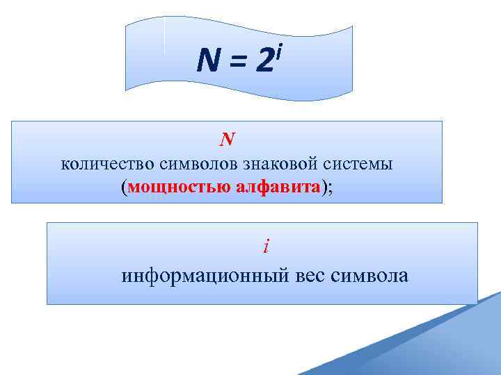 N= i 2 N количество символов знаковой системы (мощностью алфавита); i информационный вес символа