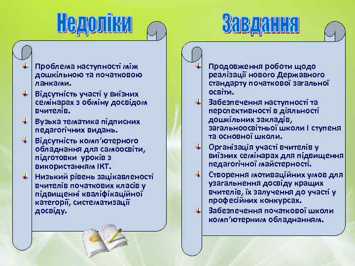 Проблема наступності між дошкільною та початковою ланками. Відсутність участі у виїзних семінарах з обміну