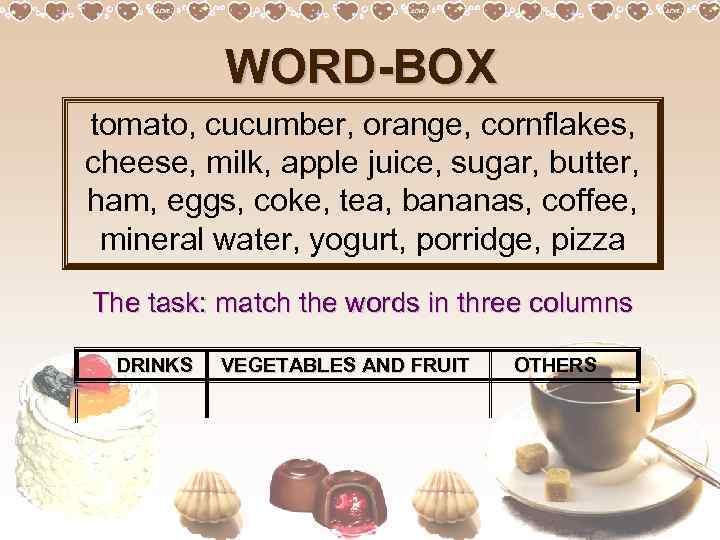 WORD-BOX tomato, cucumber, orange, cornflakes, cheese, milk, apple juice, sugar, butter, ham, eggs, coke,