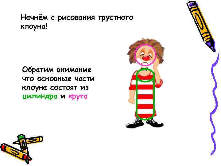 Начнём с рисования грустного клоуна! Обратим внимание что основные части клоуна состоят из цилиндра