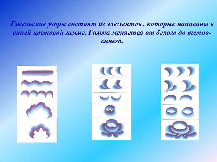 Гжельские узоры состоят из элементов , которые написаны в синей цветовой гамме. Гамма меняется