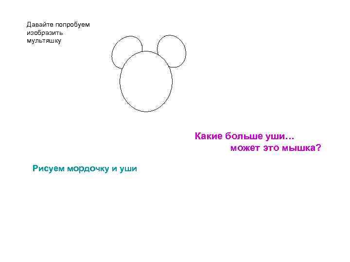 Давайте попробуем изобразить мультяшку Какие больше уши… может это мышка? Рисуем мордочку и уши