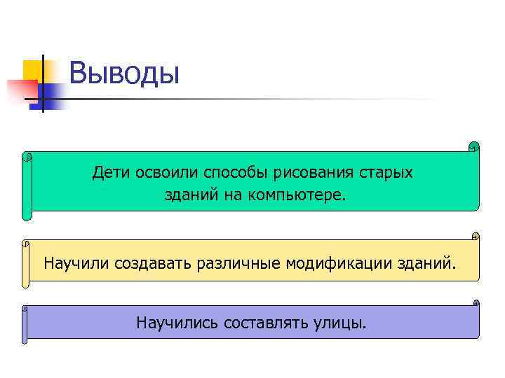 Выводы Дети освоили способы рисования старых зданий на компьютере. Научили создавать различные модификации зданий.