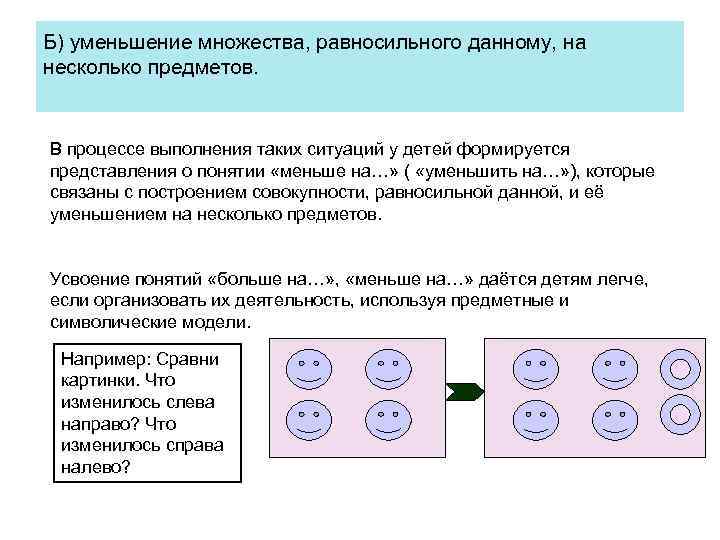 Б) уменьшение множества, равносильного данному, на несколько предметов. В процессе выполнения таких ситуаций у