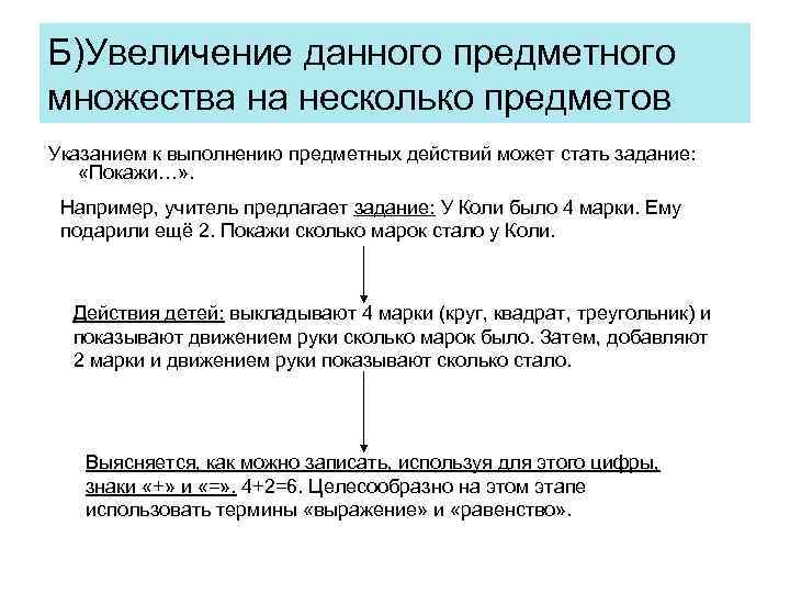 Б)Увеличение данного предметного множества на несколько предметов Указанием к выполнению предметных действий может стать