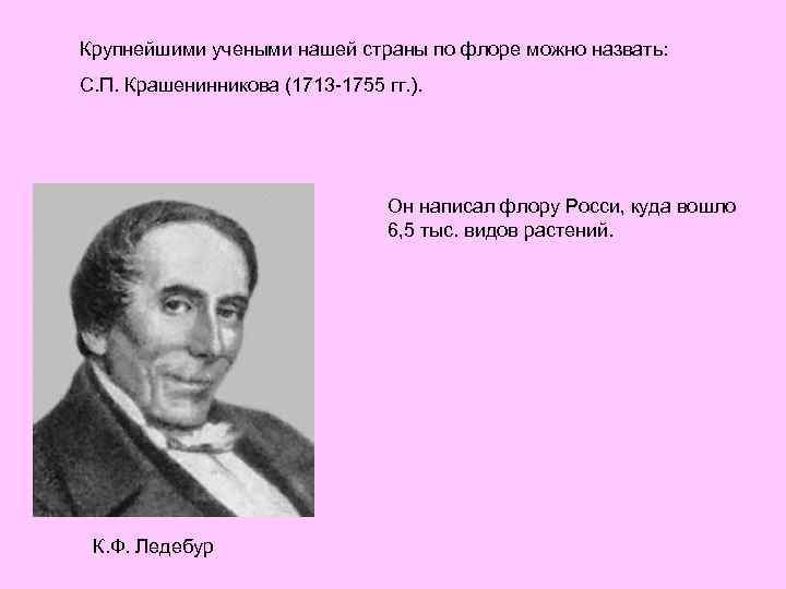 Крупнейшими учеными нашей страны по флоре можно назвать: С. П. Крашенинникова (1713 -1755 гг.