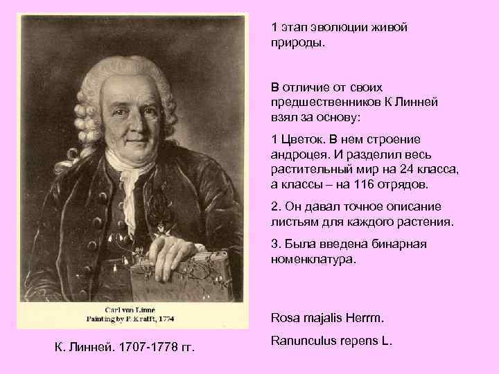 1 этап эволюции живой природы. В отличие от своих предшественников К Линней взял за