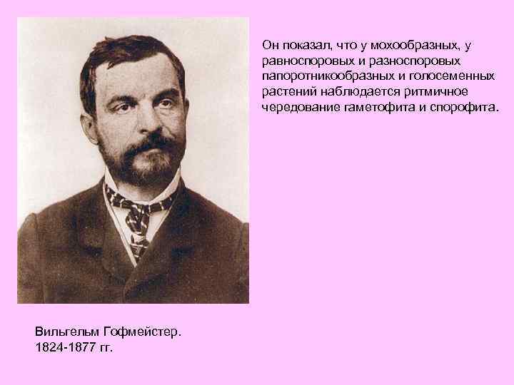 Он показал, что у мохообразных, у равноспоровых и разноспоровых папоротникообразных и голосеменных растений наблюдается