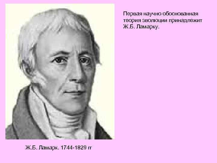 Первая научно обоснованная теория эволюции принадлежит Ж. Б. Ламарку. Ж. Б. Ламарк. 1744 -1829