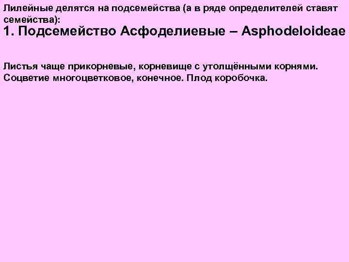 Лилейные делятся на подсемейства (а в ряде определителей ставят семейства): 1. Подсемейство Асфоделиевые –