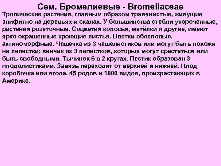 Сем. Бромелиевые - Bromeliaceae Тропические растения, главным образом травянистые, живущие эпифитно на деревьях и