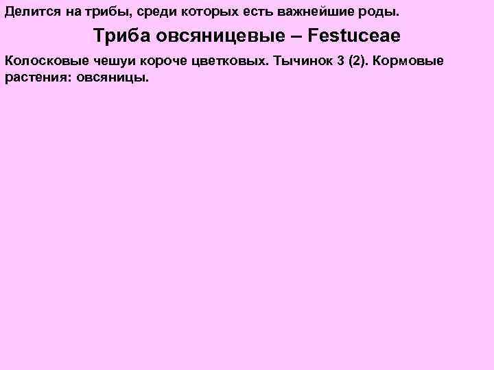 Делится на трибы, среди которых есть важнейшие роды. Триба овсяницевые – Festuceae Колосковые чешуи