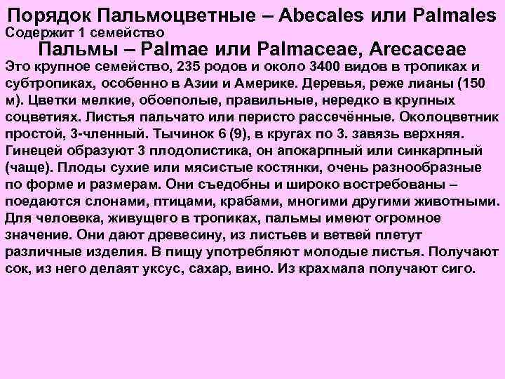 Порядок Пальмоцветные – Abecales или Palmales Содержит 1 семейство Пальмы – Palmae или Palmaceae,