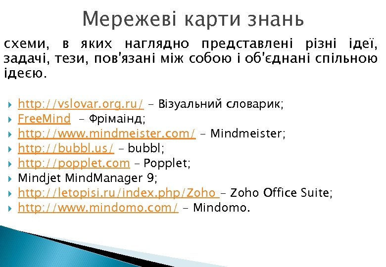 Мережеві карти знань схеми, в яких наглядно представлені різні ідеї, задачі, тези, пов'язані між