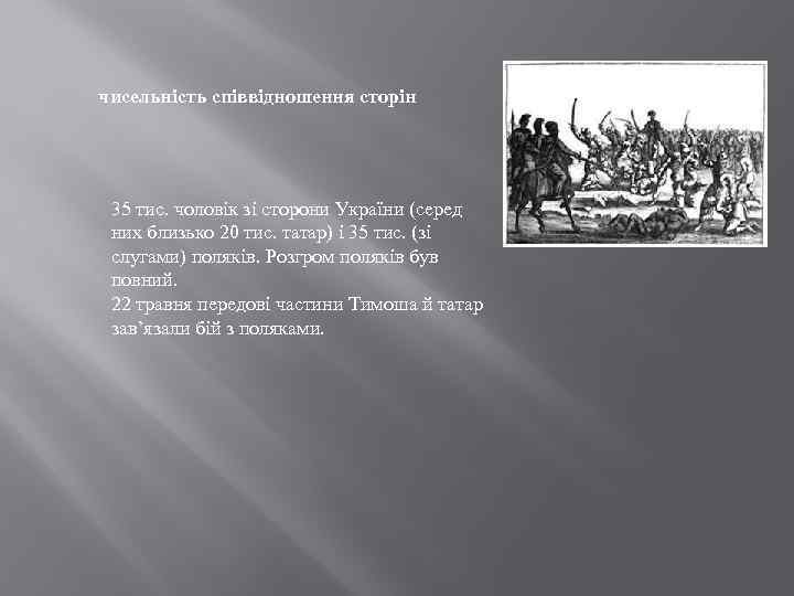 чисельність співвідношення сторін 35 тис. чоловік зі сторони України (серед них близько 20 тис.