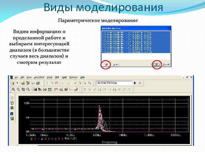 Виды моделирования Параметрическое моделирование Видим информацию о проделанной работе и выбираем интересующий диапазон (в