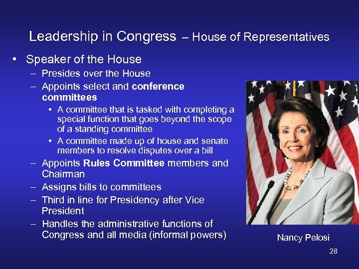 Leadership in Congress – House of Representatives • Speaker of the House – Presides