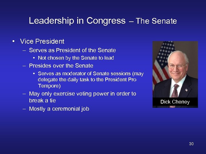 Leadership in Congress – The Senate • Vice President – Serves as President of