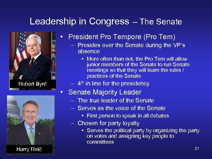Leadership in Congress – The Senate • President Pro Tempore (Pro Tem) – Presides