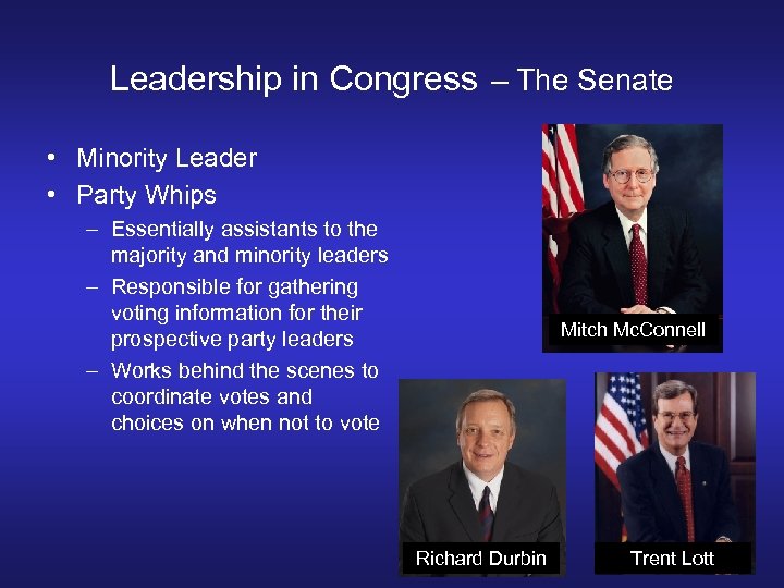 Leadership in Congress – The Senate • Minority Leader • Party Whips – Essentially