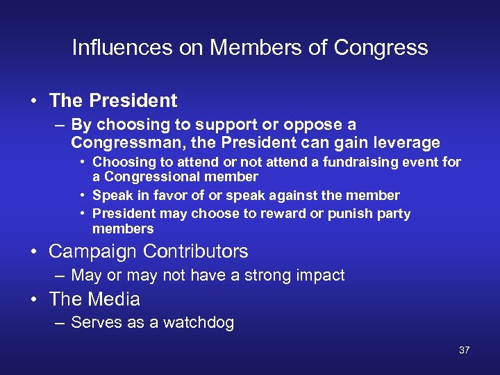 Influences on Members of Congress • The President – By choosing to support or
