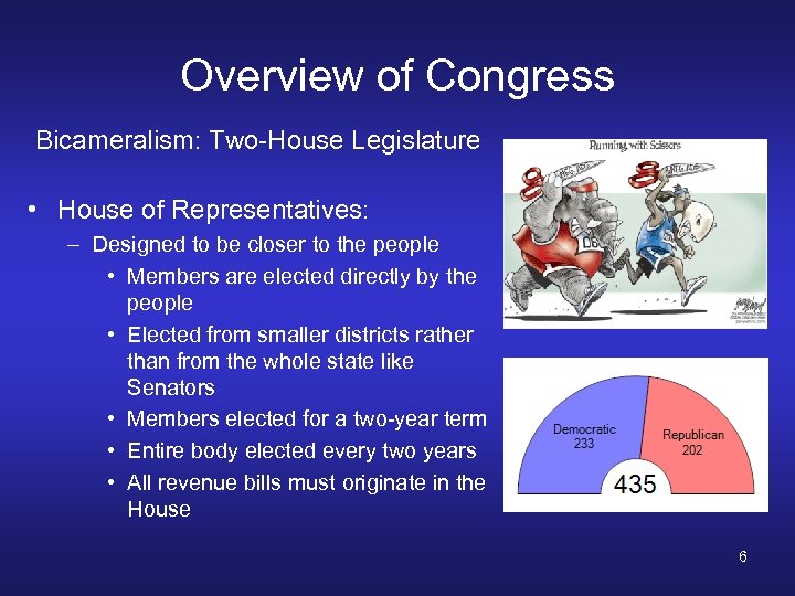 Overview of Congress Bicameralism: Two-House Legislature • House of Representatives: – Designed to be