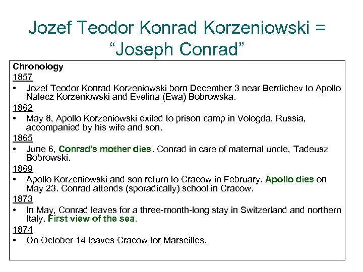 Jozef Teodor Konrad Korzeniowski = “Joseph Conrad” Chronology 1857 • Jozef Teodor Konrad Korzeniowski