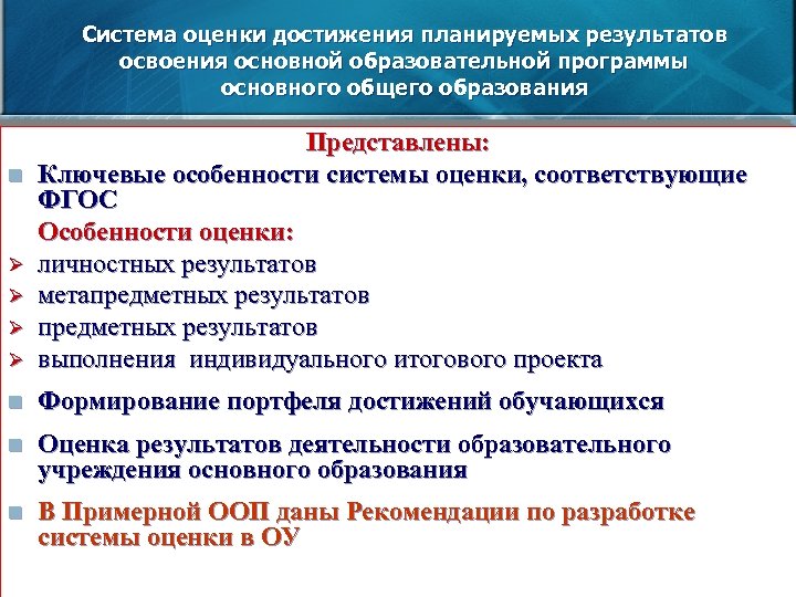 Система оценки достижения планируемых результатов освоения основной образовательной программы основного общего образования Ø Представлены: