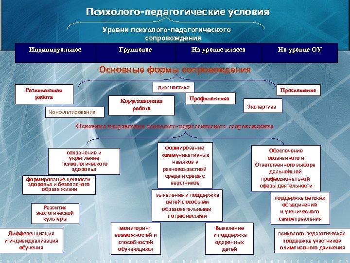 Психолого-педагогические условия Уровни психолого-педагогического сопровождения Индивидуальное Групповое На уровне класса На уровне ОУ Основные