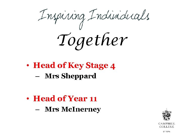Together • Head of Key Stage 4 – Mrs Sheppard • Head of Year