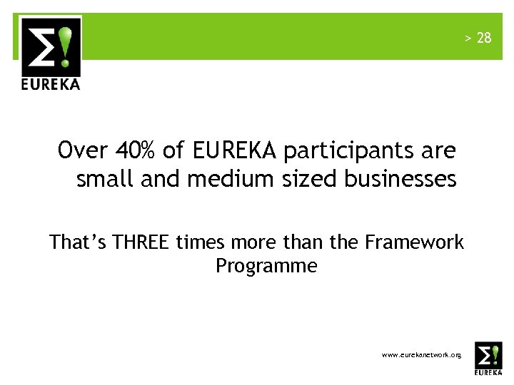 > 28 Over 40% of EUREKA participants are small and medium sized businesses That’s