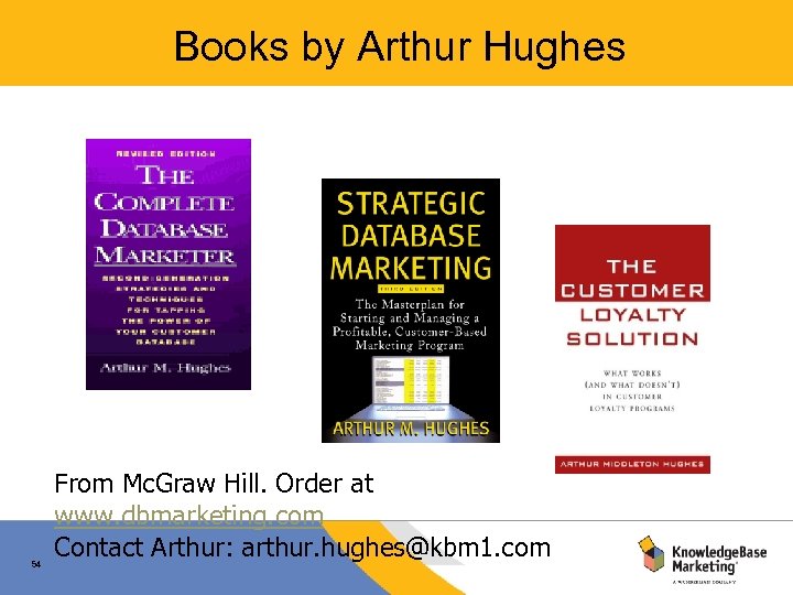 Books by Arthur Hughes 54 From Mc. Graw Hill. Order at www. dbmarketing. com