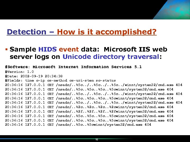 Detection – How is it accomplished? Sample HIDS event data: Microsoft IIS web server
