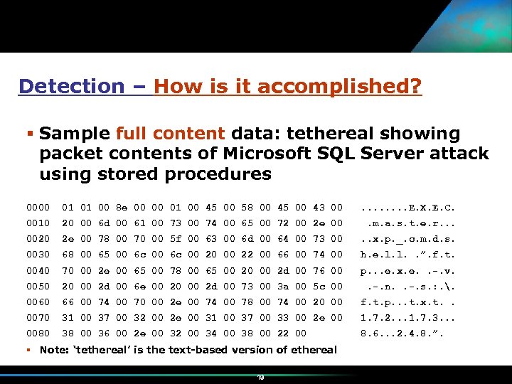 Detection – How is it accomplished? Sample full content data: tethereal showing packet contents