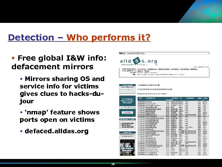 Detection – Who performs it? Free global I&W info: defacement mirrors Mirrors sharing OS