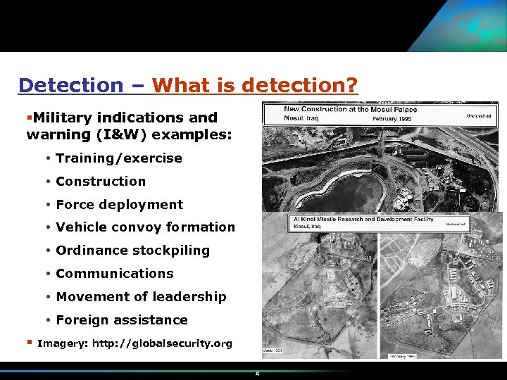 Detection – What is detection? Military indications and warning (I&W) examples: Training/exercise Construction Force