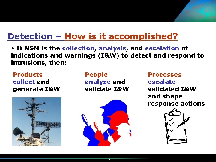 Detection – How is it accomplished? • If NSM is the collection, analysis, and