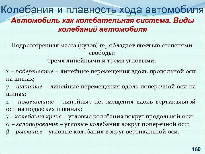 Колебания и плавность хода автомобиля Автомобиль как колебательная система. Виды колебаний автомобиля Подрессоренная масса