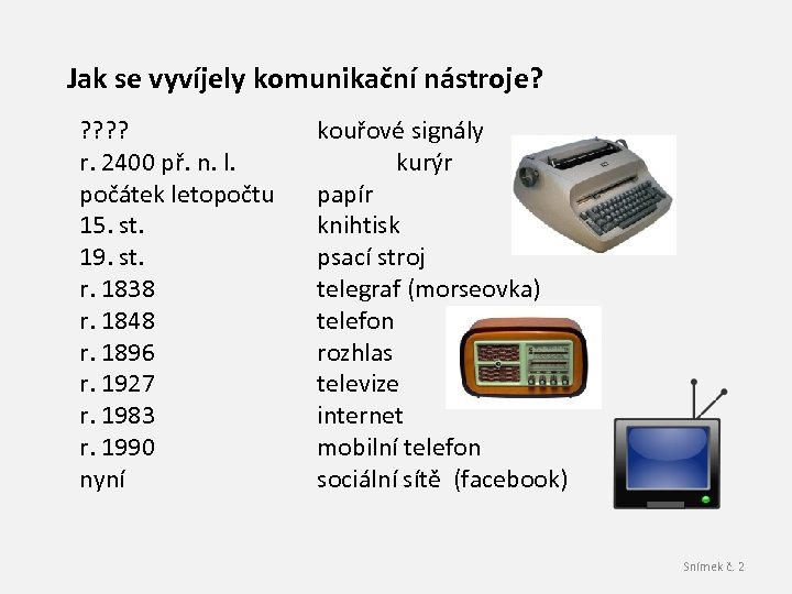 Jak se vyvíjely komunikační nástroje? ? ? r. 2400 př. n. l. počátek letopočtu