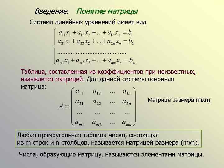 Введение. Понятие матрицы Система линейных уравнений имеет вид Таблица, составленная из коэффициентов при неизвестных,