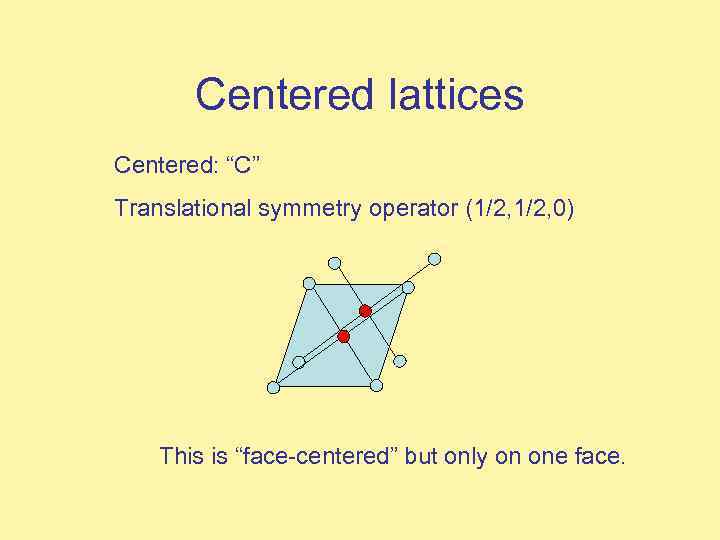 Centered lattices Centered: “C” Translational symmetry operator (1/2, 0) This is “face-centered” but only
