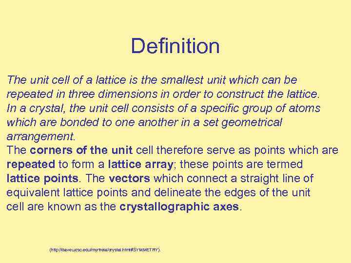 Definition The unit cell of a lattice is the smallest unit which can be