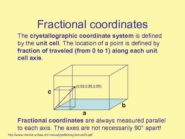 Fractional coordinates The crystallographic coordinate system is defined by the unit cell. The location