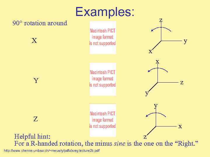 Examples: z 90° rotation around X y x x Y z y y Z
