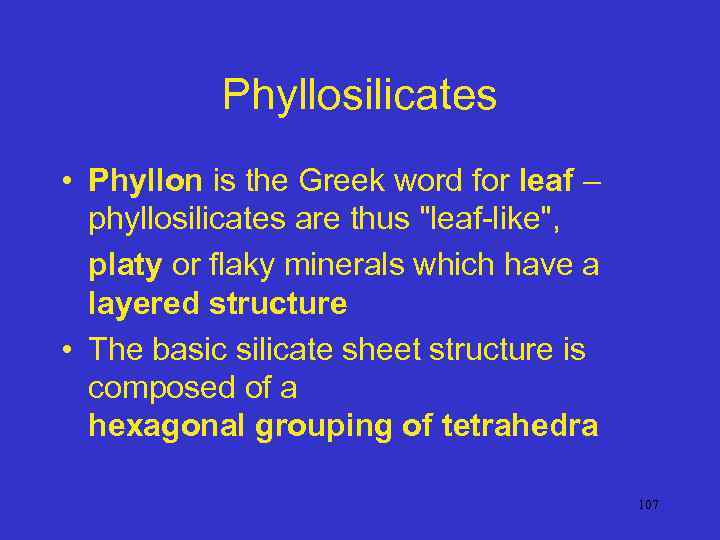 Phyllosilicates • Phyllon is the Greek word for leaf – phyllosilicates are thus 