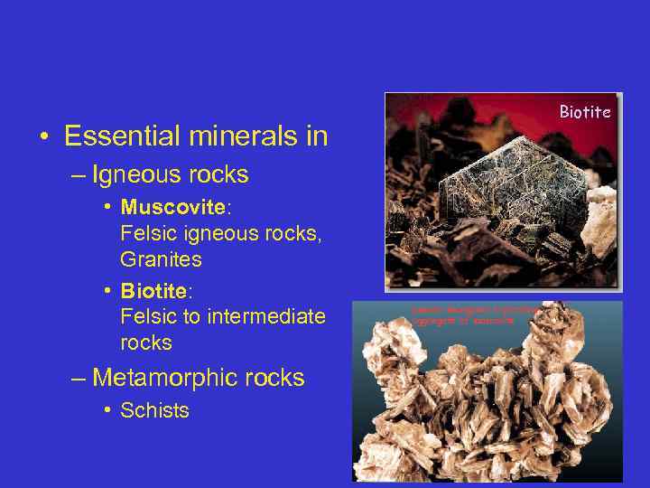 Biotite • Essential minerals in – Igneous rocks • Muscovite: Felsic igneous rocks, Granites