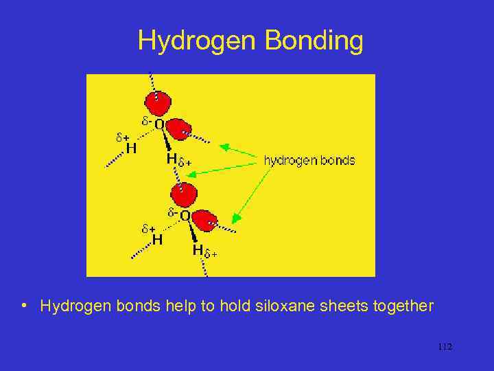 Hydrogen Bonding • Hydrogen bonds help to hold siloxane sheets together 112 